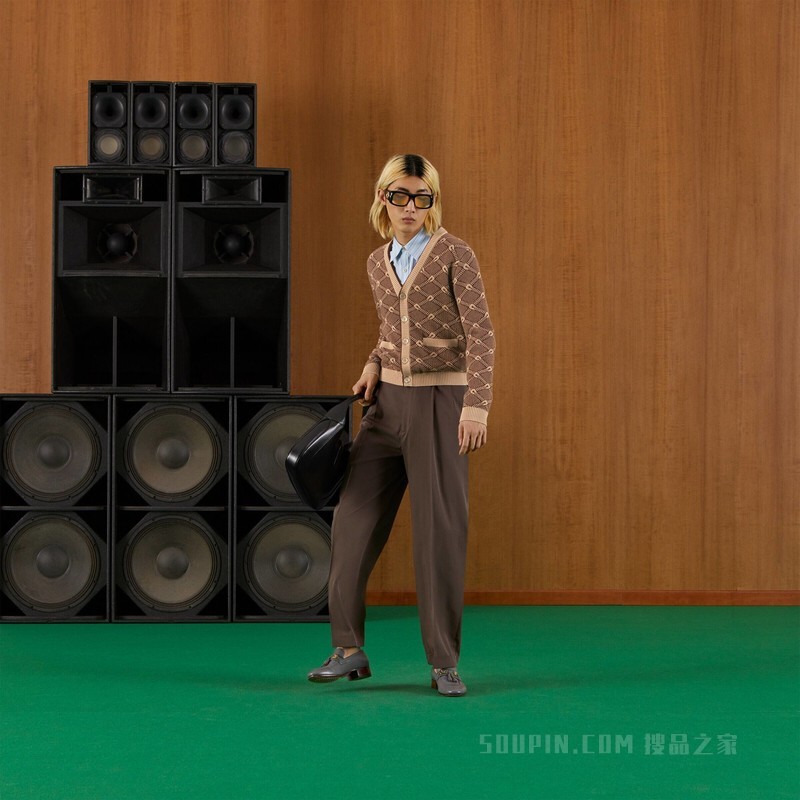 饰Gucci标签羊毛长裤 深棕色