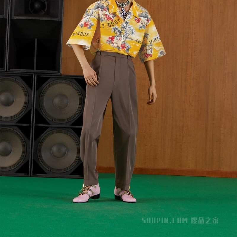 饰Gucci标签羊毛长裤 深棕色