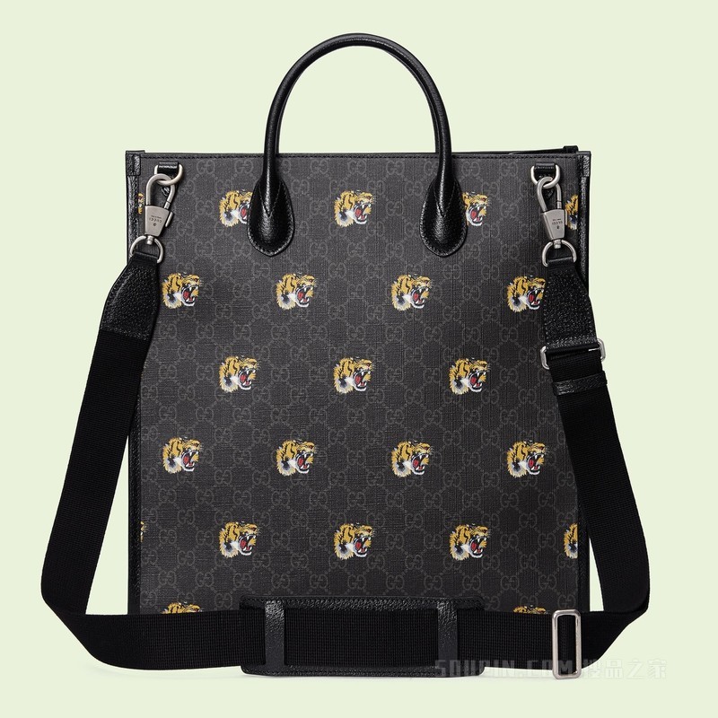 饰老虎印花GG中号托特包 黑色GG Supreme帆布