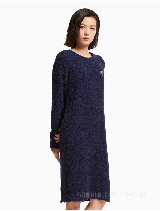 Calvin Klein 女士圆领CK one刺绣LOGO绒面家居睡裙QS6765