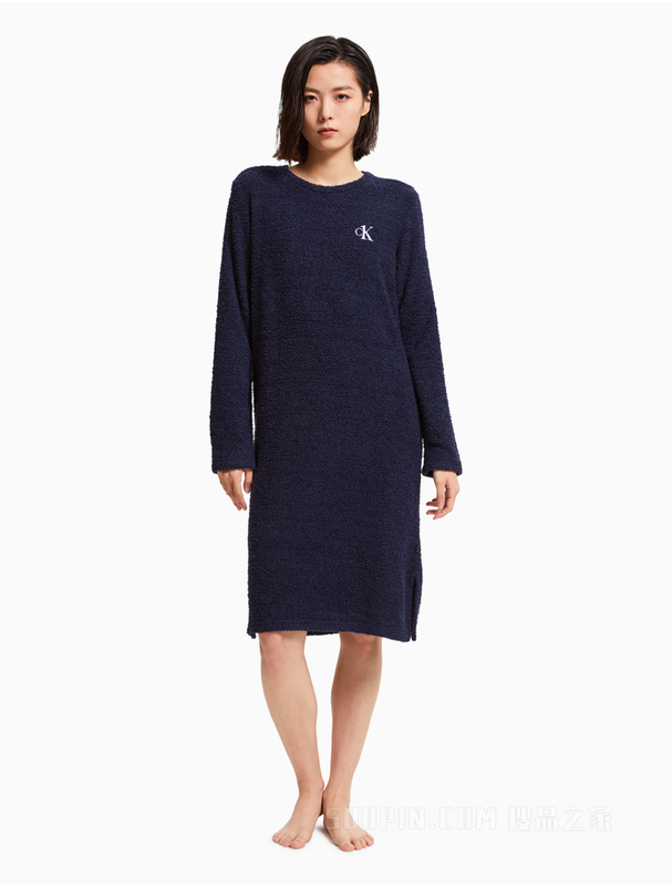 Calvin Klein 女士圆领CK one刺绣LOGO绒面家居睡裙QS6765