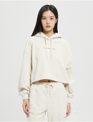 Calvin Klein 22早秋新款女时尚短款交叠刺绣舒适抓绒连帽套头卫衣J219762