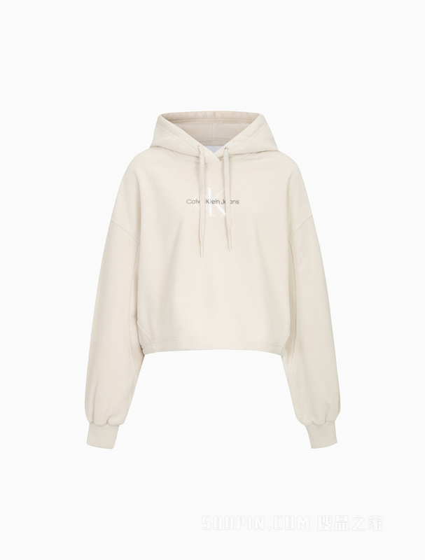 Calvin Klein 22早秋新款女时尚短款交叠刺绣舒适抓绒连帽套头卫衣J219762