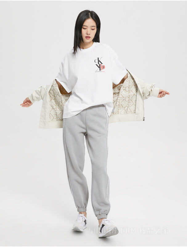 Calvin Klein 22早秋新款女士松紧腰LOGO织带束脚加绒针织休闲裤J219738