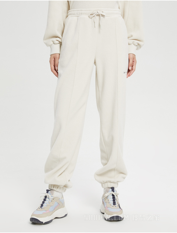 Calvin Klein 22早秋新款女士抽绳束脚交叠刺绣舒适抓绒针织休闲裤J219742