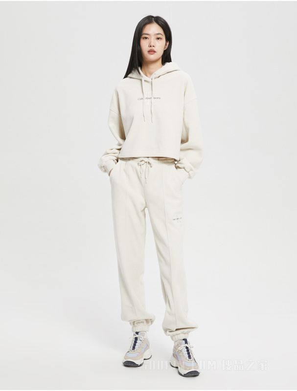 Calvin Klein 22早秋新款女士抽绳束脚交叠刺绣舒适抓绒针织休闲裤J219742