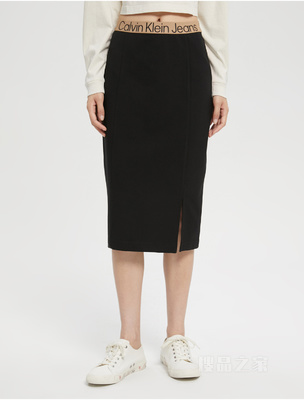 Calvin Klein 22早秋新款女士时尚LOGO织带开衩针织包臀半身裙J220178