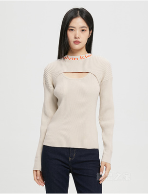 Calvin Klein 22早秋女士时尚LOGO提花镂空背心修身针织衫毛衣J220489