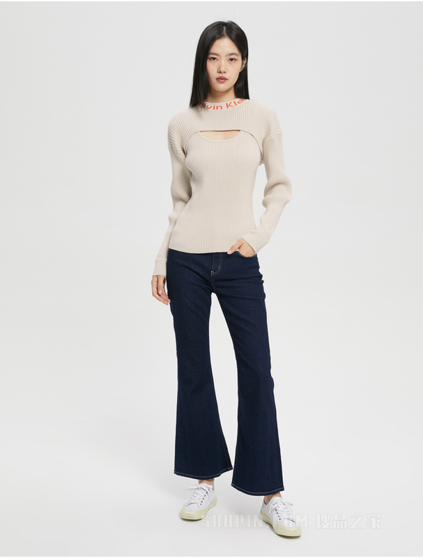 Calvin Klein 22早秋女士时尚LOGO提花镂空背心修身针织衫毛衣J220489