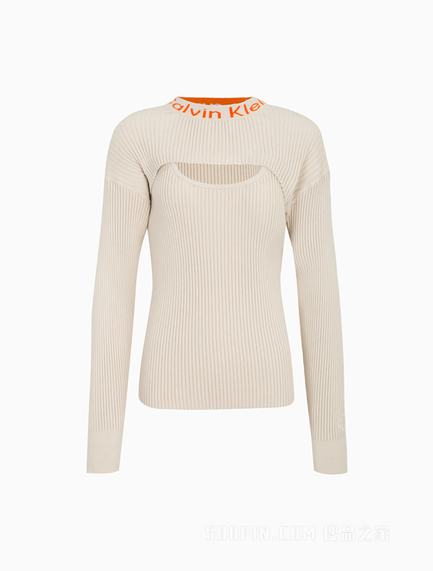 Calvin Klein 22早秋女士时尚LOGO提花镂空背心修身针织衫毛衣J220489