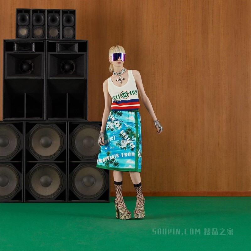 印花棉质半身裙 蓝色