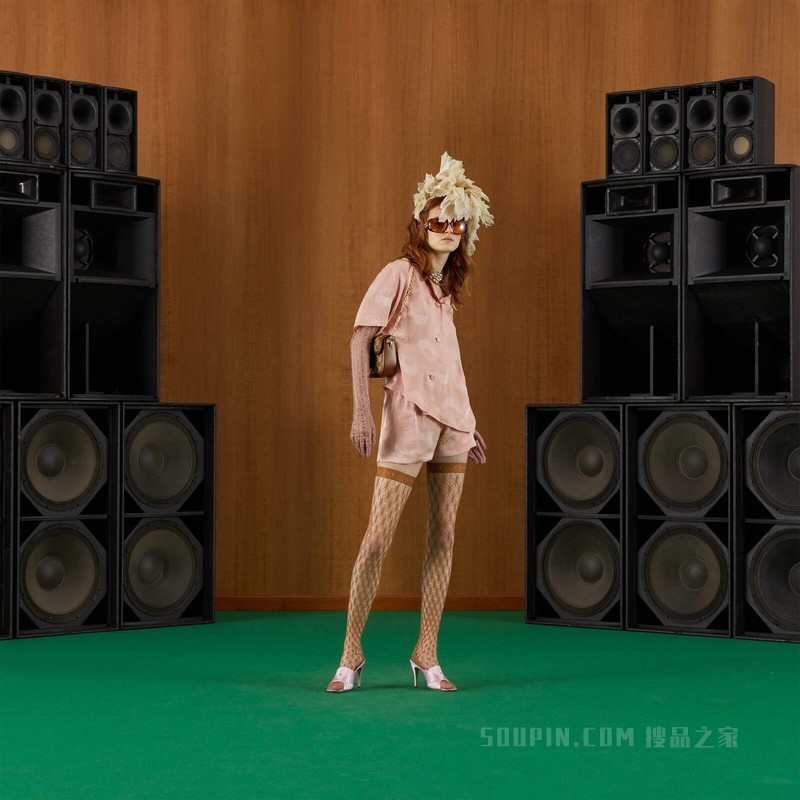 罂粟花和互扣式双G真丝短裤 淡粉色