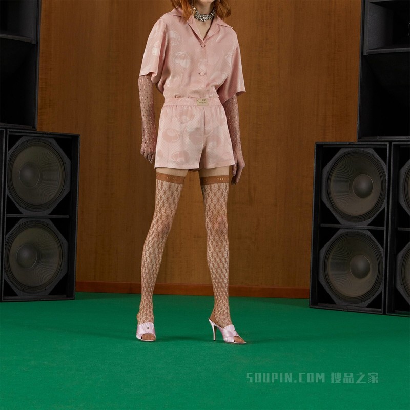 罂粟花和互扣式双G真丝短裤 淡粉色