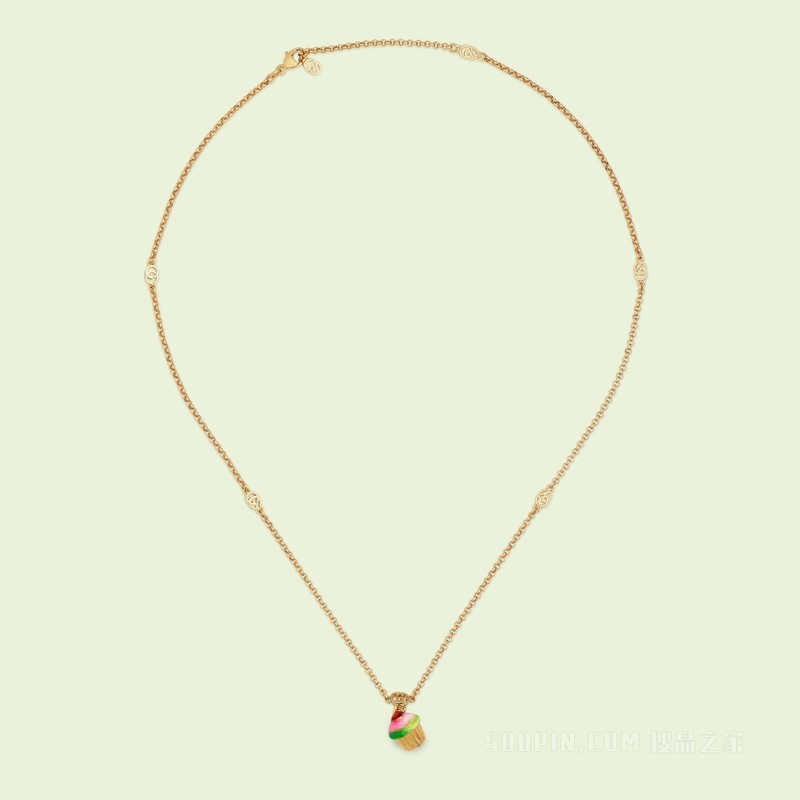 互扣式双G纸杯蛋糕坠饰项链 金色调金属