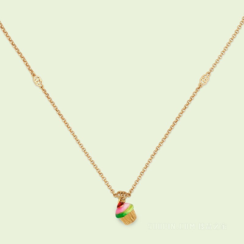 互扣式双G纸杯蛋糕坠饰项链 金色调金属