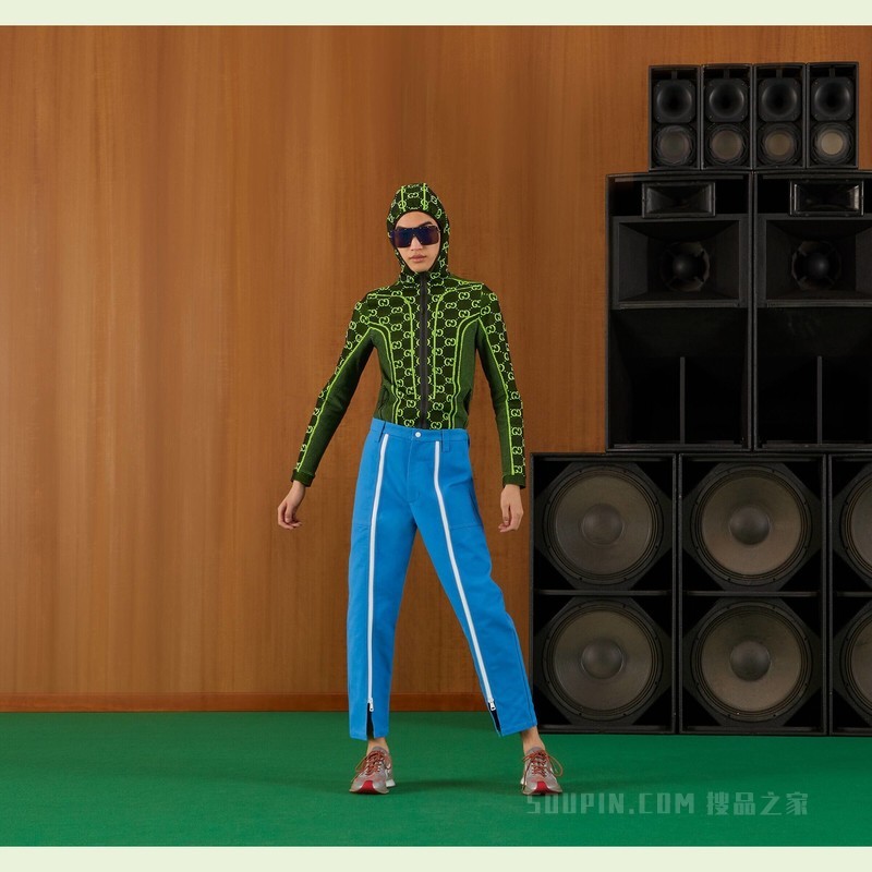 GG圆筒针织面料拉链夹克 黑色和荧光黄