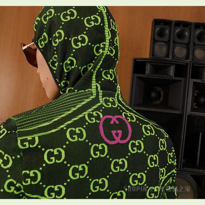 GG圆筒针织面料拉链夹克 黑色和荧光黄