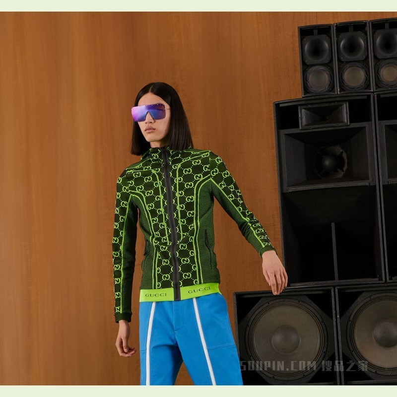 GG圆筒针织面料拉链夹克 黑色和荧光黄