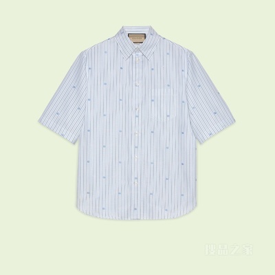 刺绣棉质条纹衬衫 浅蓝色和白色