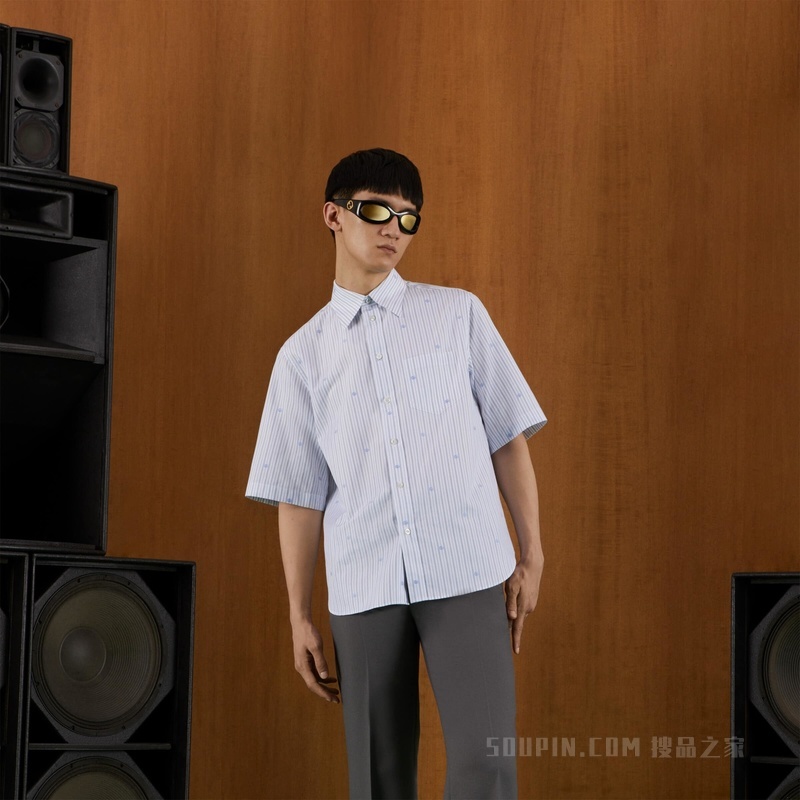 刺绣棉质条纹衬衫 浅蓝色和白色