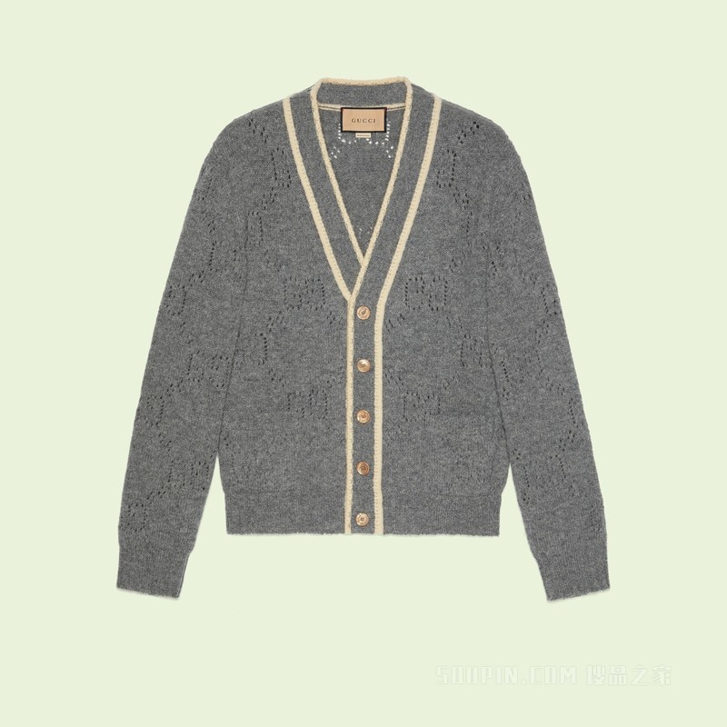【gucci/古驰】gg镂空羊毛开衫 灰色和白色 694833 xkcdb 1130-搜品之