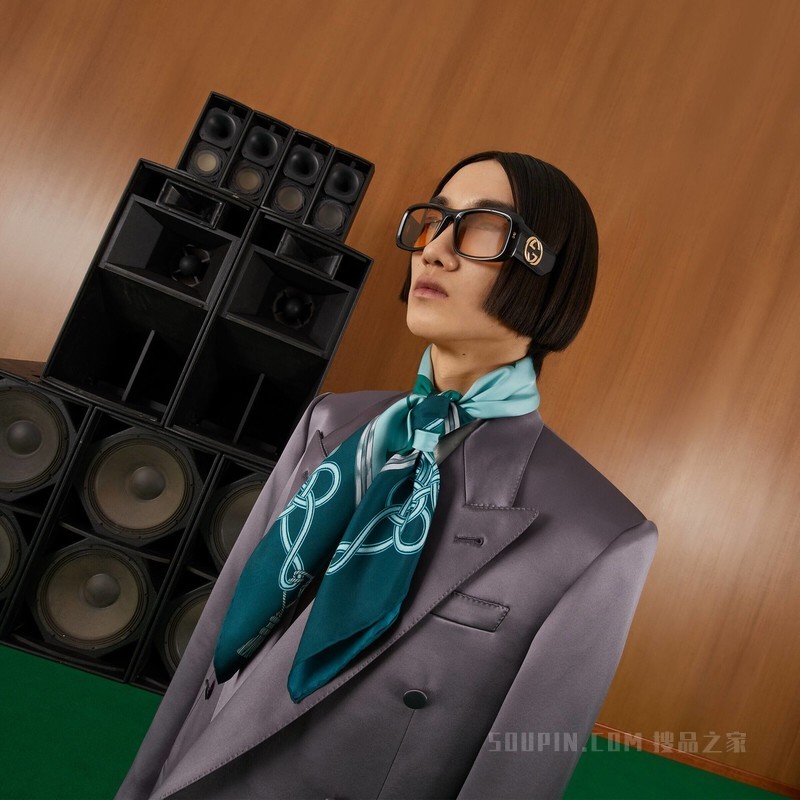 双Gucci印花真丝围巾 蓝色