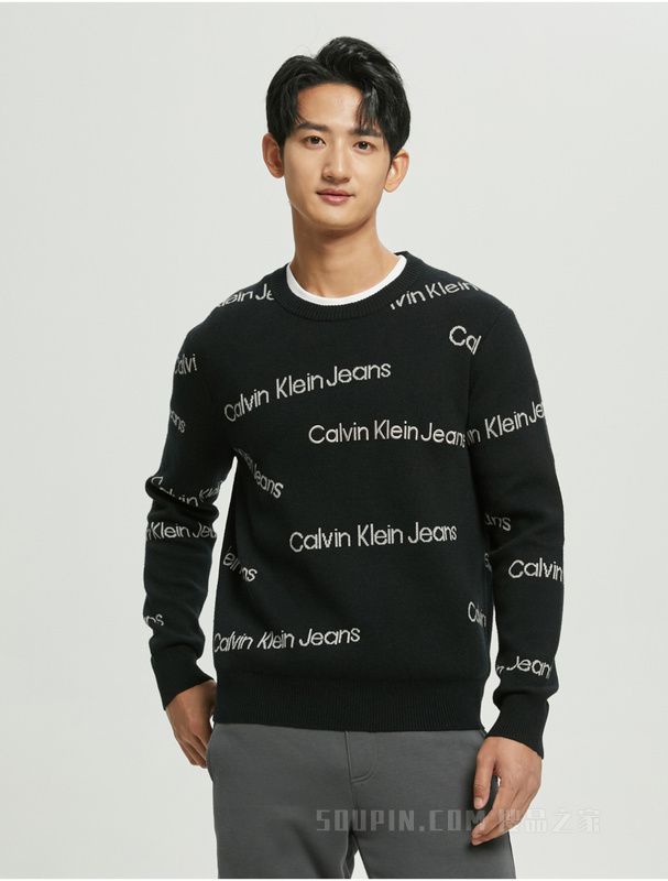 Calvin Klein 22秋冬新款男士时尚LOGO提花保暖羊毛毛衣针织衫J322155