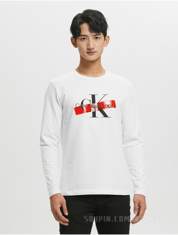Calvin Klein 22早秋男士时尚圆领纯棉醒目LOGO透气长袖T恤J322326