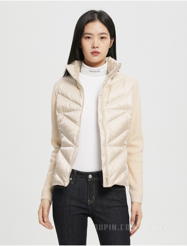 Calvin Klein 22早秋新款女士时尚拼接印花鸭绒绗缝立领保暖羽绒服J220129