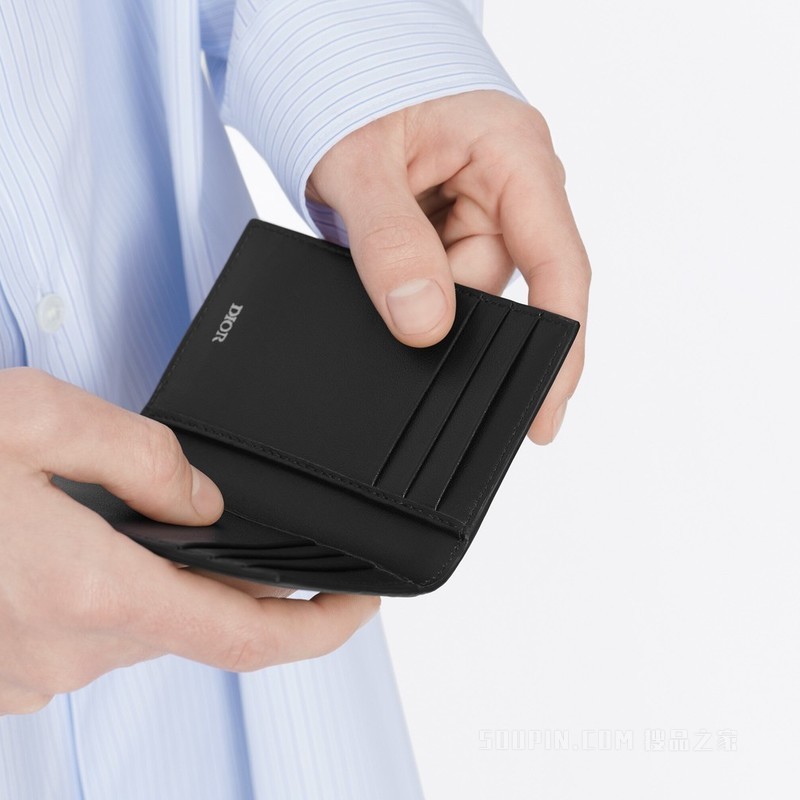 双折卡夹 黑色光滑牛皮革“CD Button”标志