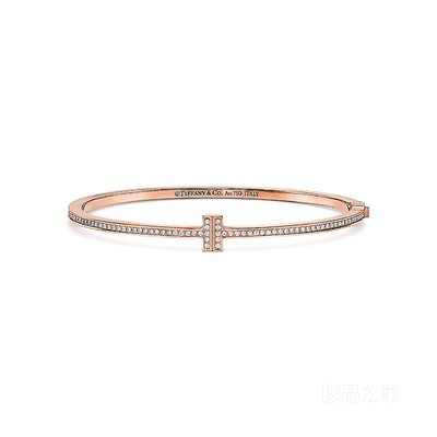 Tiffany T 系列 18K 玫瑰金镶钻铰链线圈手镯，小号。