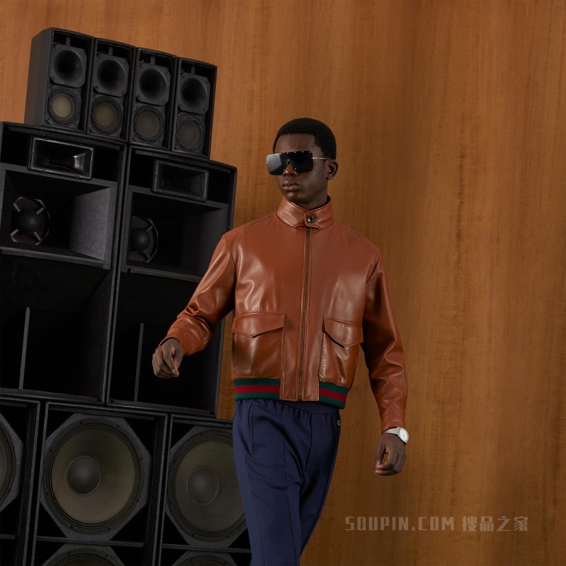 皮革飞行员夹克 浅棕色