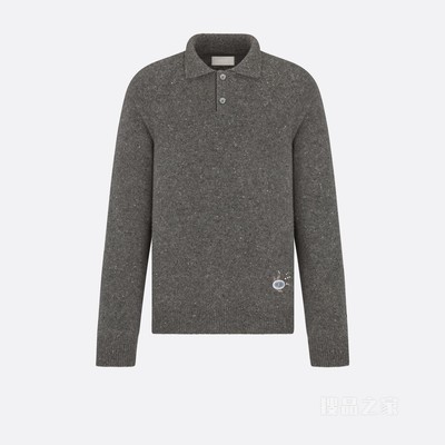 超大版型长袖 Polo 衫 煤灰色山羊绒平纹针织面料