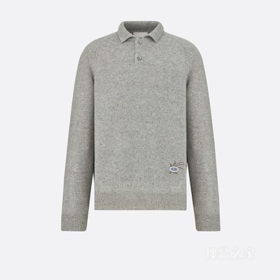 超大版型长袖 Polo 衫 灰色山羊绒平纹针织面料