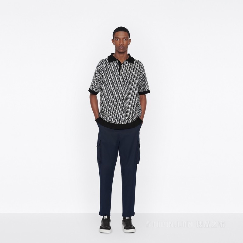 Polo 衫 米色、蓝色和黑色棉质 Oblique 印花