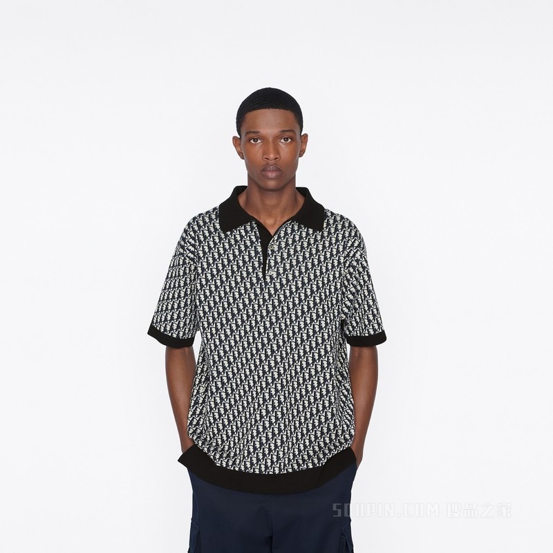 Polo 衫 米色、蓝色和黑色棉质 Oblique 印花