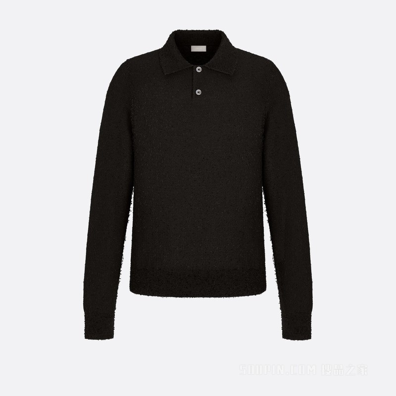 长袖 Polo 衫 黑色羊毛混纺针织面料