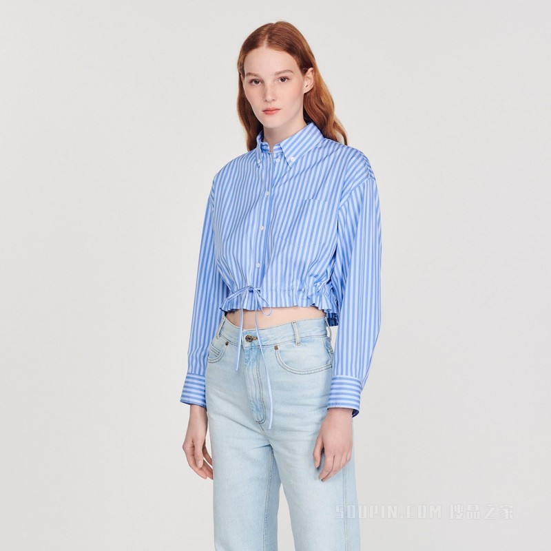 AMARA 竖条纹短款衬衫上衣及T恤