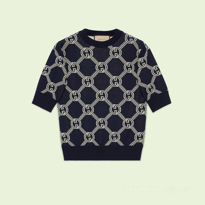 双面GG羊毛提花上衣 蓝色和象牙白色