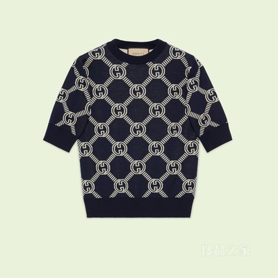 双面GG羊毛提花上衣 蓝色和象牙白色