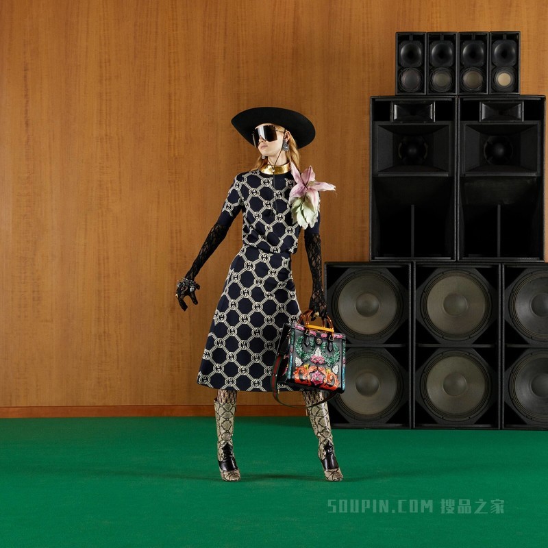 双面GG羊毛提花上衣 蓝色和象牙白色