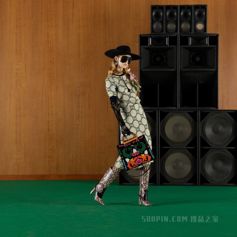 双面GG羊毛提花上衣 蓝色和象牙白色