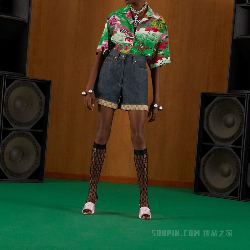 饰GG牛仔短裤 深蓝色