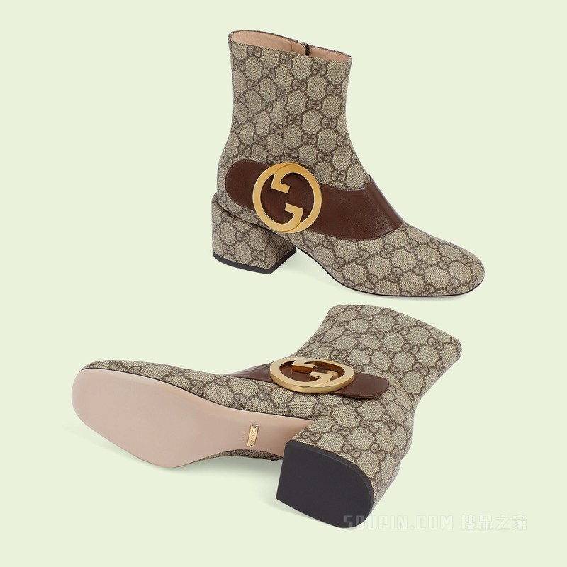 Gucci Blondie系列女士踝靴 米色和乌木色Supreme帆布