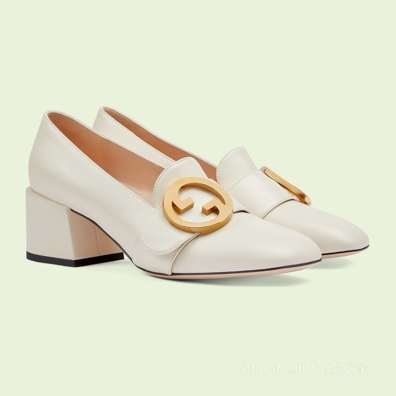 Gucci Blondie系列女士中跟浅口鞋 白色皮革