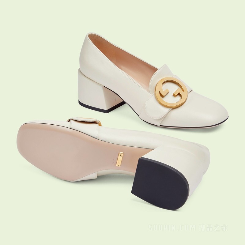 Gucci Blondie系列女士中跟浅口鞋 白色皮革