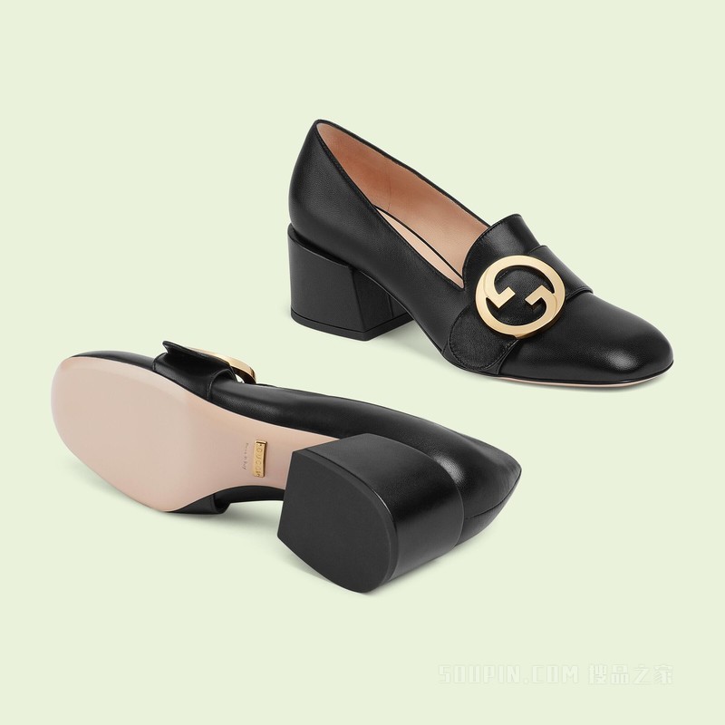 Gucci Blondie系列女士中跟浅口鞋 黑色皮革