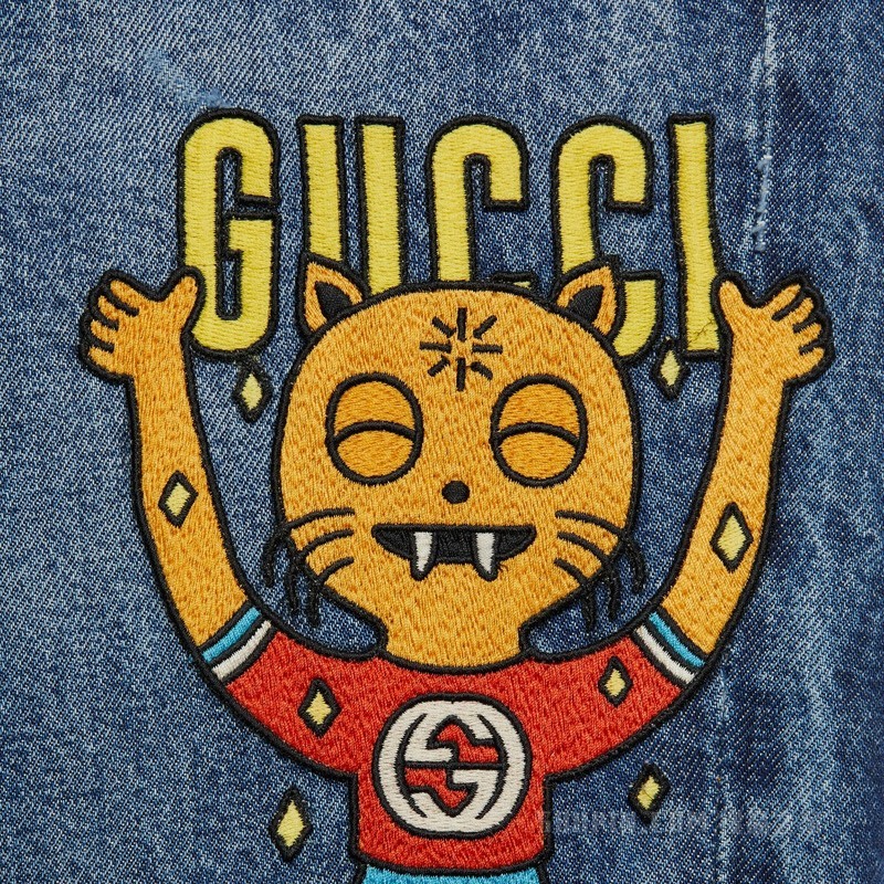 Gucci小猫贴饰牛仔长裤 深蓝色