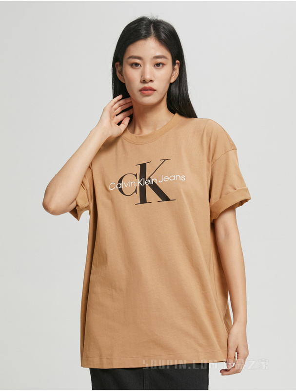 Calvin Klein 22早秋女士时尚男友风交叠LOGO纯棉透气短袖T恤J219948