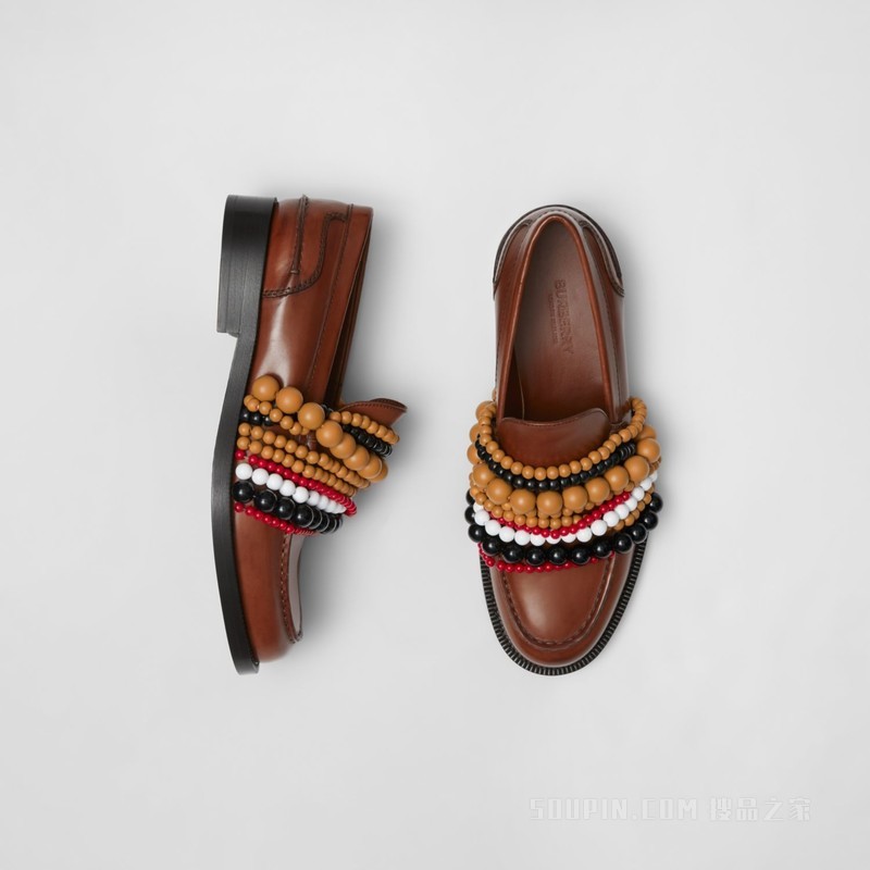 珠饰皮革休闲便鞋 (棕色 / 白色 / 红色 / 黑色) - 女士